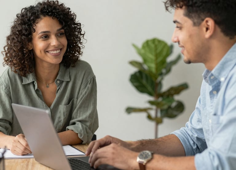 A friendly consultant discussing pricing options with a client over coffee.
