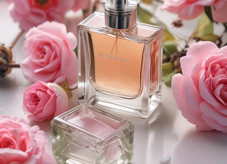 a bottle of perfume next to a glass jar with a red cap