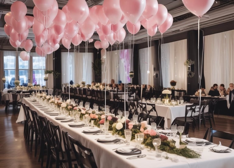 An outdoor event space is decorated with draped white fabric, tables, and chairs under a canopy. Green lighting illuminates the surrounding greenery, creating a vibrant atmosphere. Several people are visible in the background, suggesting a social gathering.