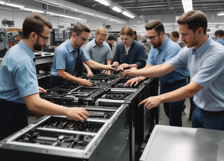 A person wearing a dress made from repurposed or recycled materials and colorful sneakers, standing on a solid teal-colored floor.