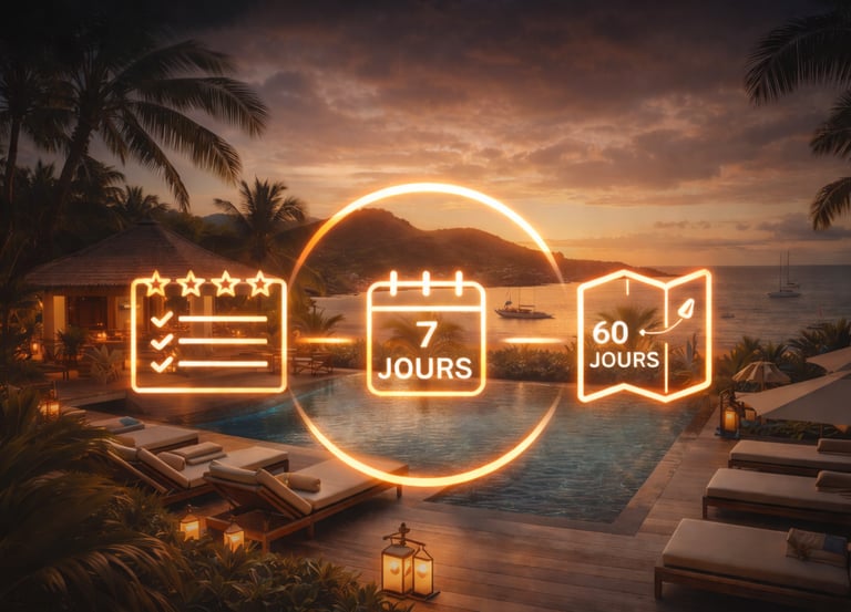 Visuel premium Caraïbes au coucher du soleil avec icônes checklist, calendrier et carte symbolisant diagnostic, plan 7 jours