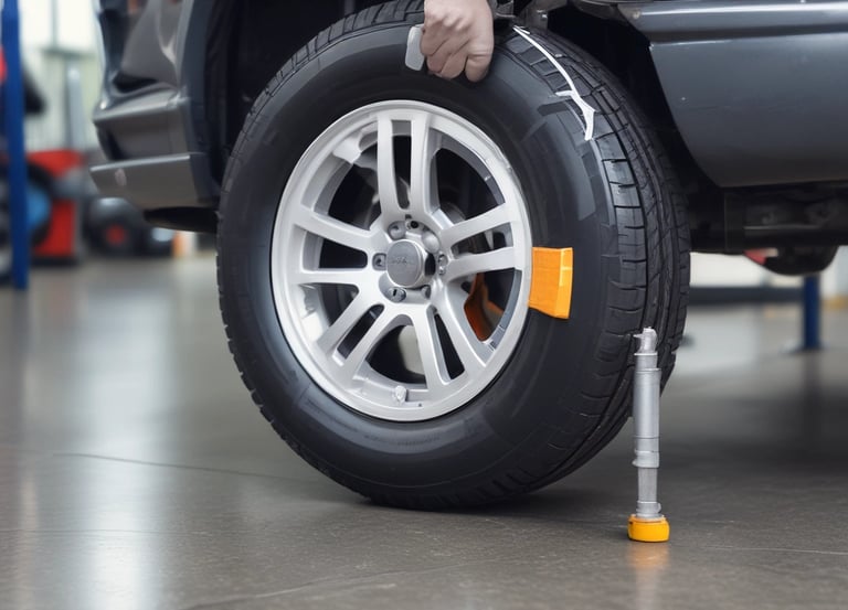 A nighttime view of an automotive repair shop with the name 'Main Street Automotive' illuminated in bright lights. The building has signs for Pennzoil and the entrance is open, revealing vehicles inside the garage. A car is parked in front of the building, and there is a large concrete structure on the right side.