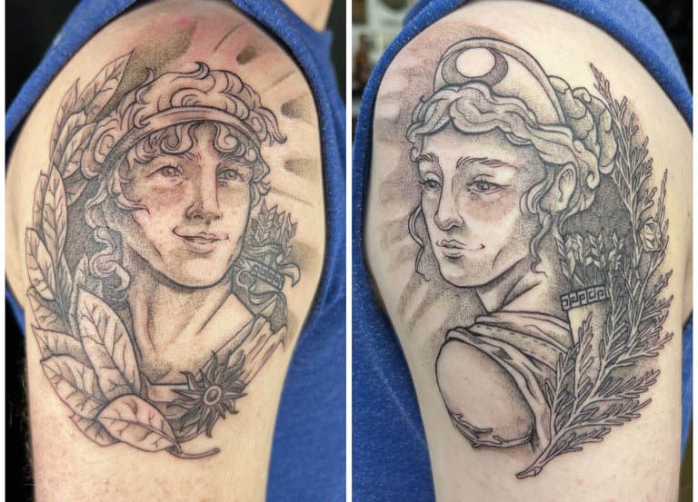 Greek Gods Apollo and Artemis arm tattoo with line art and stipple shading