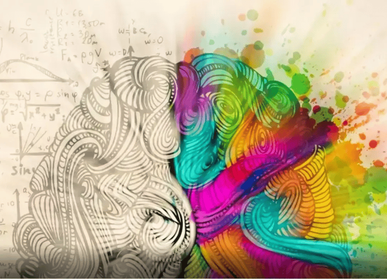 cartoon image of the logical left brain and creative right brain.