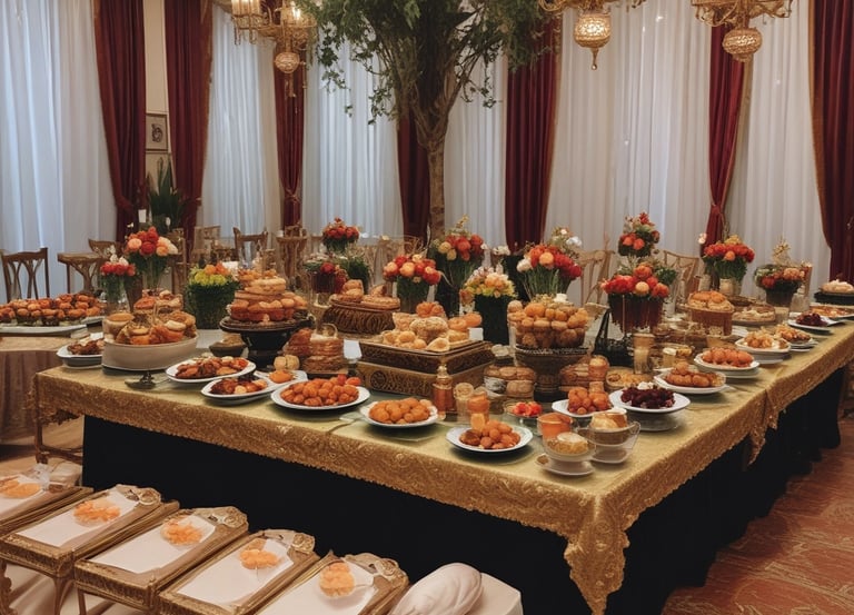 A beautifully arranged catering setup for a wedding.