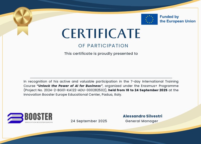 Certificato di partecipazione “Unlock the Power of AI for Business” per il Programma Erasmus+