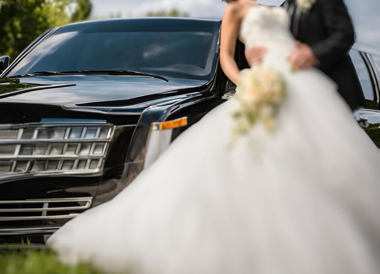 a bride and groom kissing in front of a limo limo