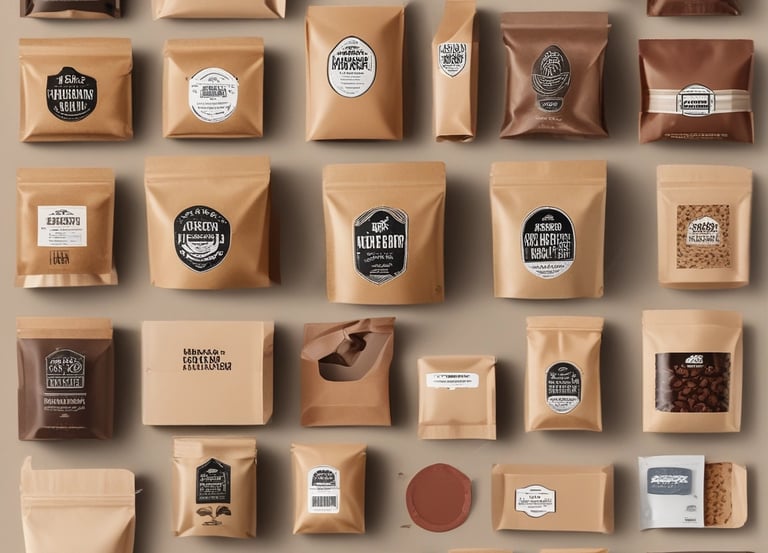 A variety of packaging materials displayed on a wooden table.