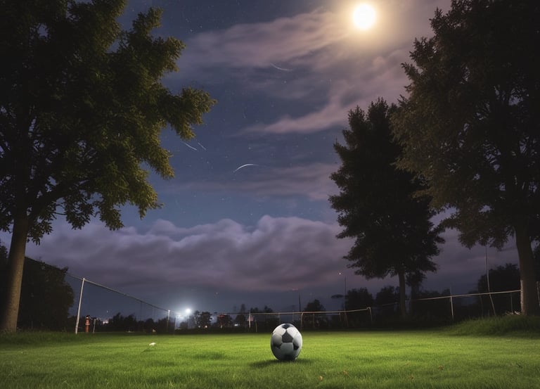 A group of young soccer players on a well-lit field at night, engaging intensely in a practice session. Some players are wearing blue jerseys while others are in green bibs, indicating teams or positions. The field is surrounded by a net and illuminated by bright floodlights, with trees visible in the background.