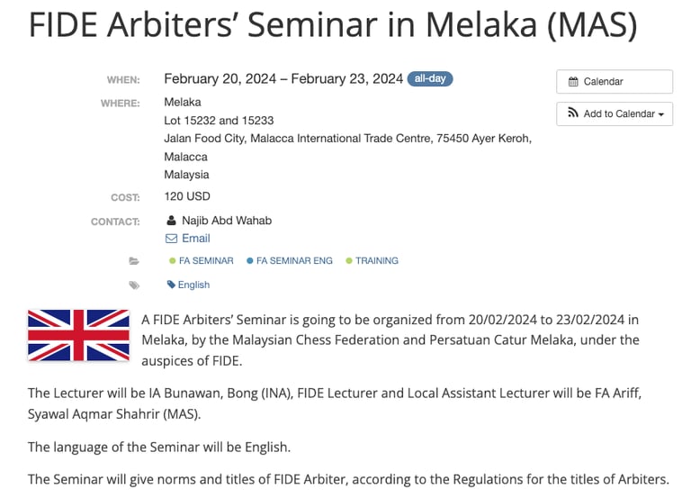 MCF To Organize An Fide Arbiter FA Seminar In Melaka, Malaysia During Commonwealth