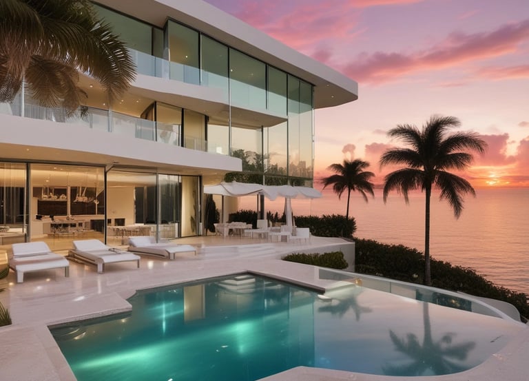 A luxurious multi-story residential building with a waterfront location, surrounded by palm trees and clear blue water. The architecture is elegant with arched windows and a light color palette.