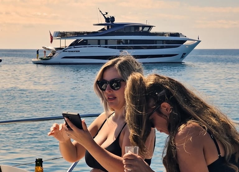 chicas tomando el sol con un yate de fondo