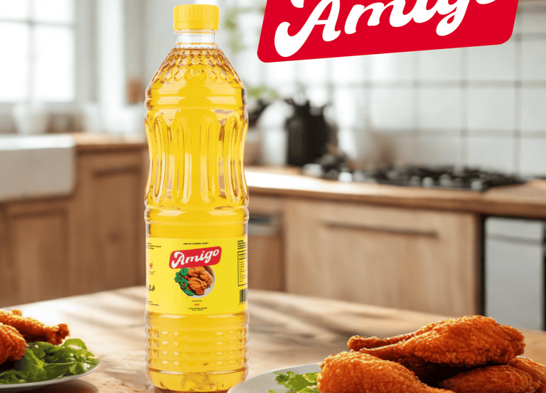 Minyak goreng Amigo 1 liter, minyak goreng jernih dengan harga terjangkau untuk masakan sehari-hari.