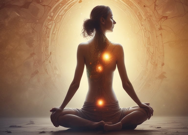 a woman sitting in a lotus position with her hands on her knees