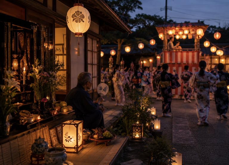 An elderly man watches a Japanese Obon festival dance with paper lanterns and people in yukatas.