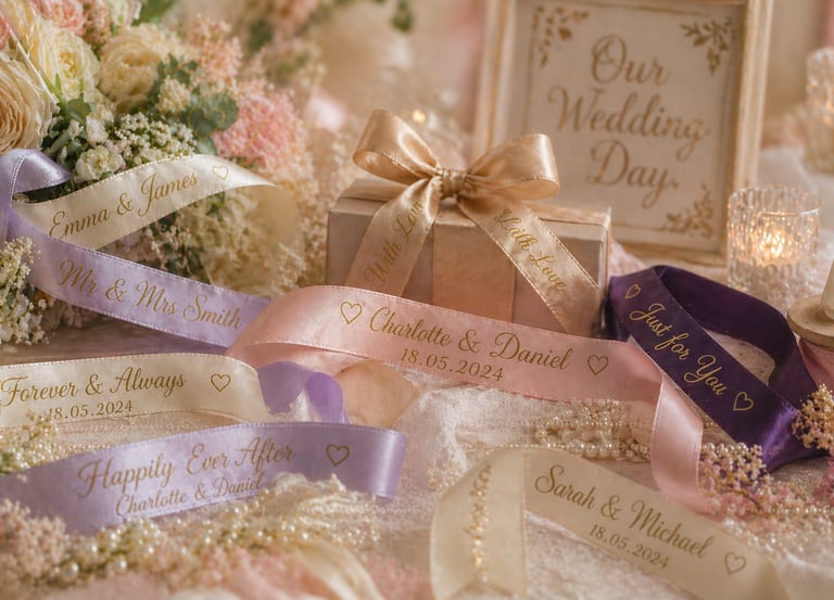 Personalised ribbons for weddings and elegant gift boxes.