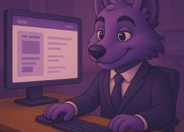 Illustration d’un loup violet en costume travaillant sur un ordinateur, symbolisant la rédaction de
