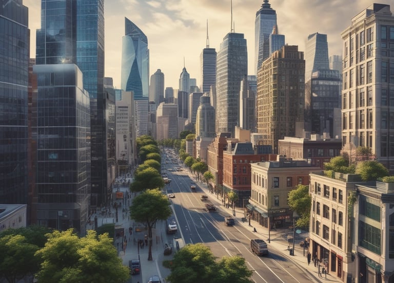 A modern urban scene featuring two curved high-rise buildings against a cloudy sky. In the foreground, a large colorful TORONTO sign is illuminated, accompanied by a series of water fountains. Surrounding the area are additional skyscrapers with lights starting to turn on as evening approaches.