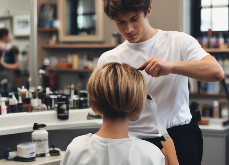 Two barbers are focused on cutting hair in a salon setting. Both individuals are attending to different clients, using scissors and other tools. The ambient lighting gives a calm and concentrated atmosphere. The background includes reflections from mirrors and other salon equipment.