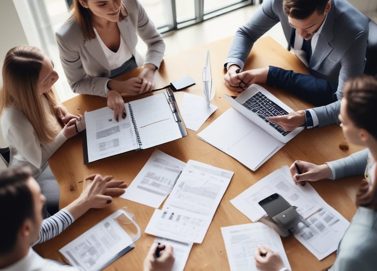 A high-angle view of a modern office space with professionals discussing around a table.