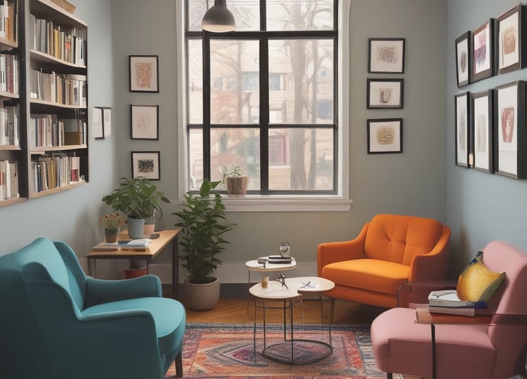 A serene counseling office with comfortable seating and calming decor.