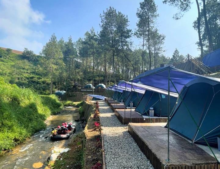 Tenda camping biru di pinggir sungai alam terbuka Pangalengan dengan pemandangan pepohonan pinus