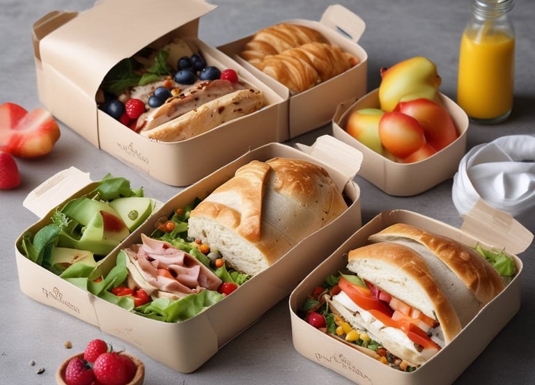 A gourmet dish is presented on a white square plate, featuring a beautifully cooked piece of fish topped with a tomato-based garnish and asparagus spears. Beside the fish, there are two grilled shrimp sitting on a bed of corn relish with a drizzle of red sauce adding a pop of color. Another plate with different food items is visible in the background.