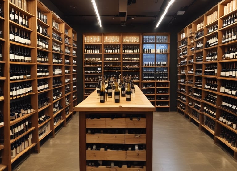 A sleek, modern wine cellar with elegant bottles displayed under soft lighting.