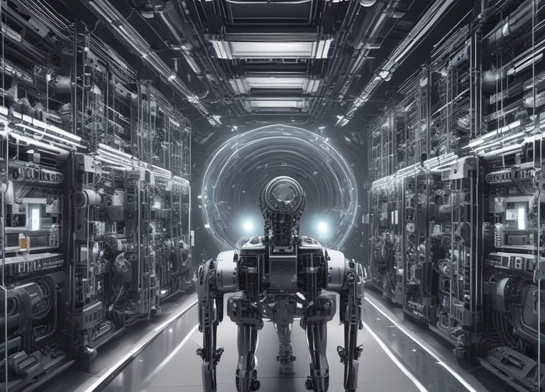 A modern workspace showing people using VR headsets and AI-powered devices.