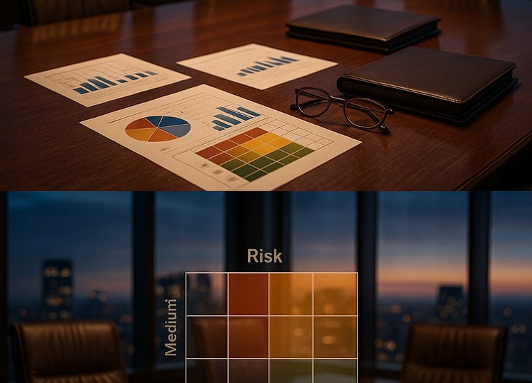 Executive working on laptop with governance reports and analytics on the desk.