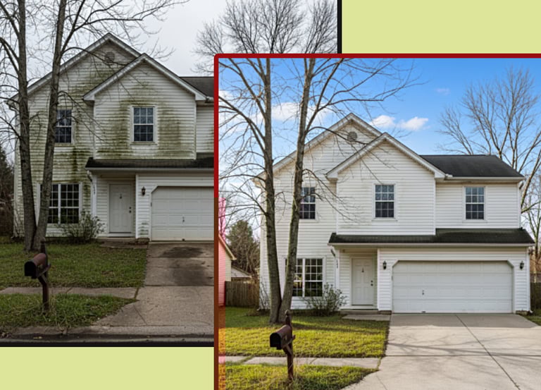 Before & after picture of a house professionally soft washed.