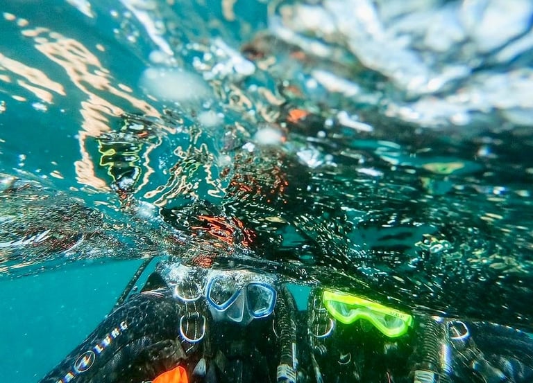 Underwater view of scuba divers wearing masks and gear at the ocean surface with sunlight reflections.