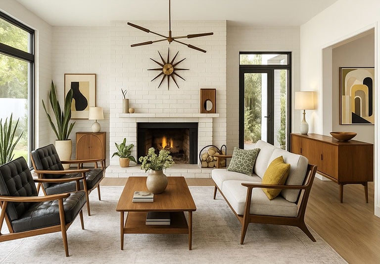 Spacious Mid-Century living room with low-profile sofas, wood beams, and sunburst clock