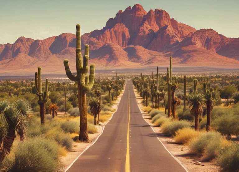 a desert scene with a road and mountains in the background