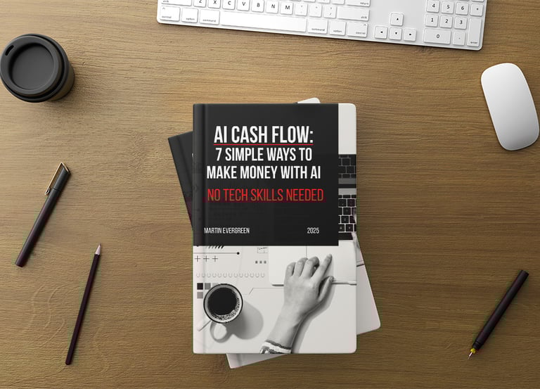 AI Cash Flow 7 Simple Ways to Make Money with AI book with a keyboard and a keyboard on a desk