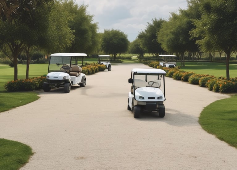 A fleet of electric cars parked on a lush green golf course.