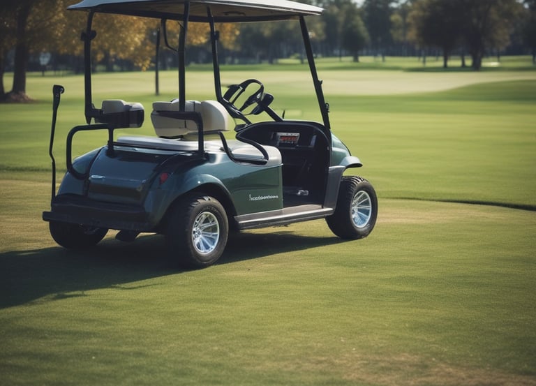 A fleet of sleek electric cars parked on a golf course under a clear sky.