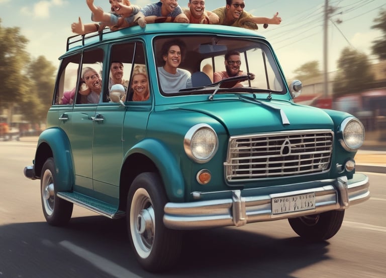 A diverse group of people sharing a ride in a modern vehicle.