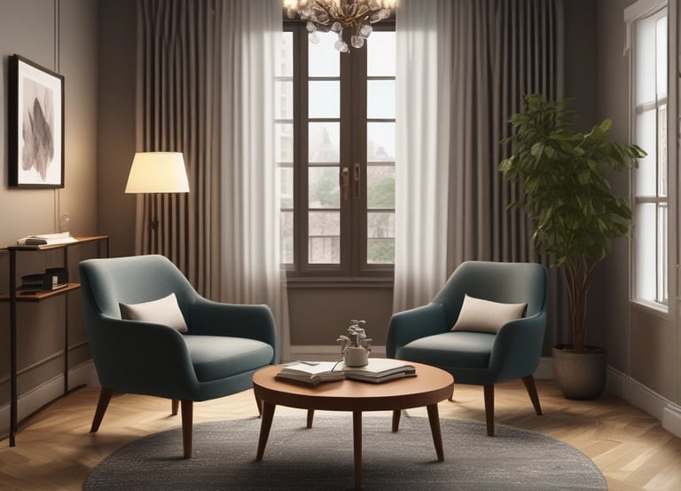 Calm and welcoming therapy room with a comfortable chair and soft lighting.