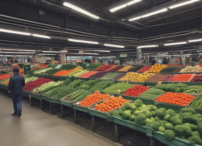 A vibrant market stall displays an assortment of fresh vegetables and packaged food items. Tomatoes, cucumbers, eggplants, and chillies are neatly arranged on blue trays. Various leafy greens and bundled herbs are piled in front, alongside packaged corn. The colorful produce is set against a rustic wooden table.