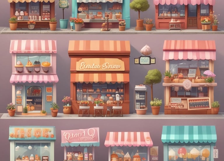 A collage of various small business ideas like a bakery, flower shop, and ice cream stand.