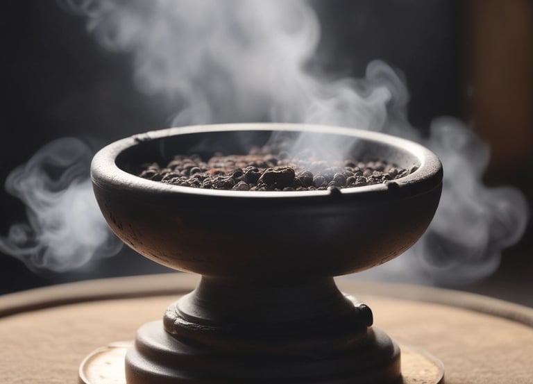 A serene image featuring two glass jars with scented candles on a wooden tray. Smoke gently rises from the burning candle labeled 'A scent of Firewood Figs', creating a calming atmosphere. A small, round dish nearby holds spent wooden matches. In the background, blurred greenery from a potted plant adds a hint of nature.