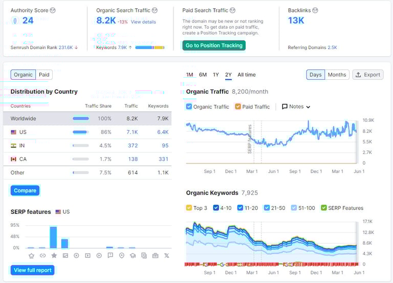 seo-dashboard-domain-overview-of-small-business-website-featuring-traffic-keywords-and-site-authority