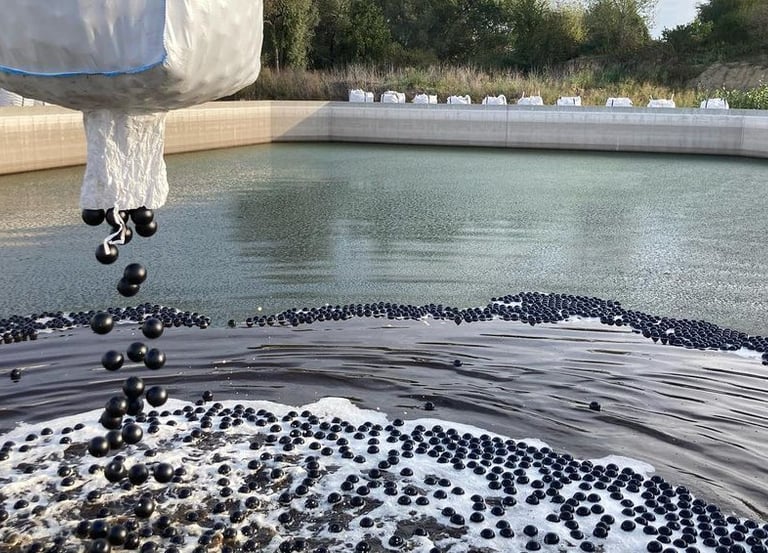 Installation des shade balls par nos équipes dans un réservoir d'eau industriel