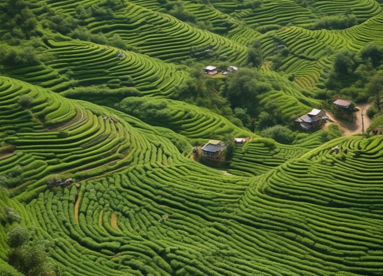 Workers wearing traditional hats are bent over in a vast, lush green tea plantation, picking leaves. The clear blue sky creates an expansive backdrop, and each row of the field is filled with people engaged in labor. Their clothing is simple and functional, suitable for outdoor work.