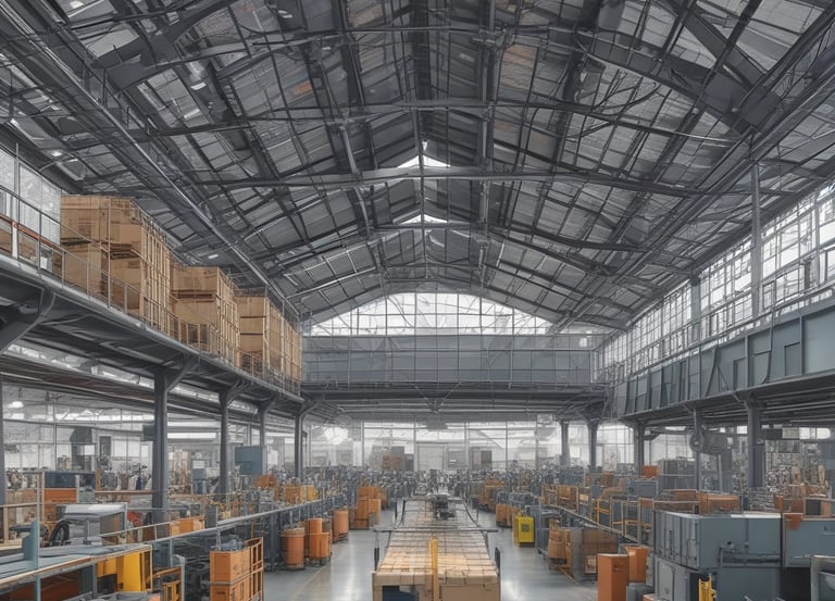 An image depicting a factory in China with various products.