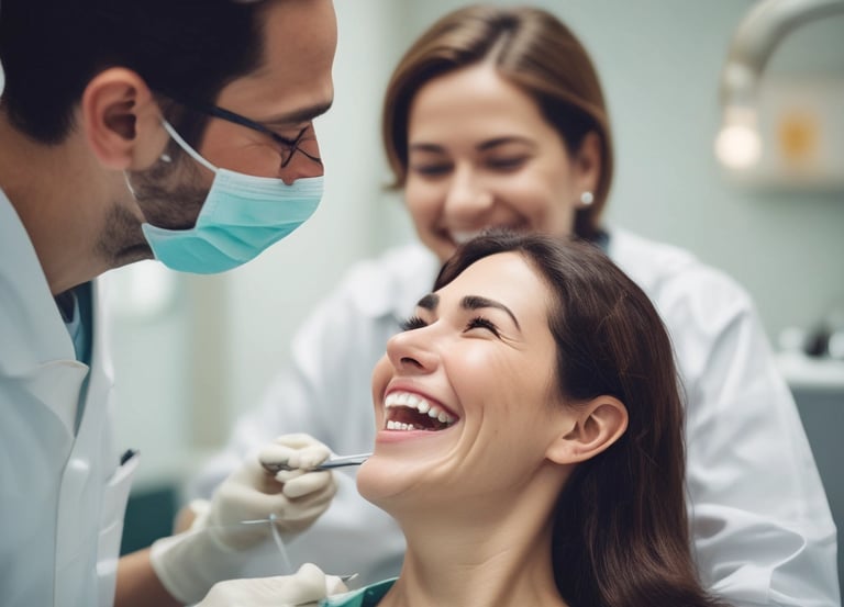 a woman is smiling while a man is sitting in a dentist's chair