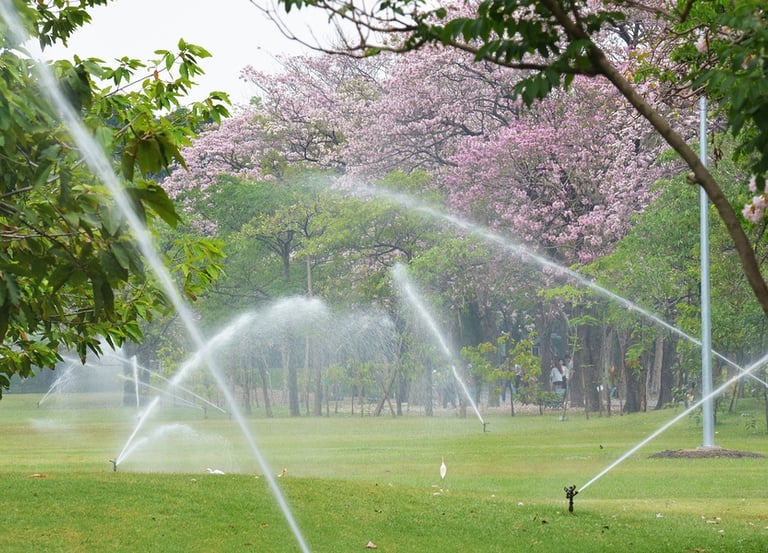 irrigation running in a park, municipal, commercial