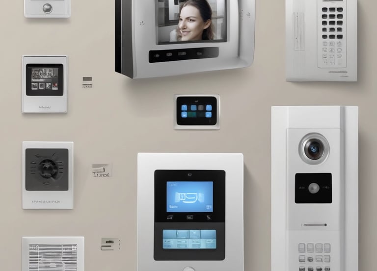 A sleek video doorbell mounted beside a front door with a clear view of the street.