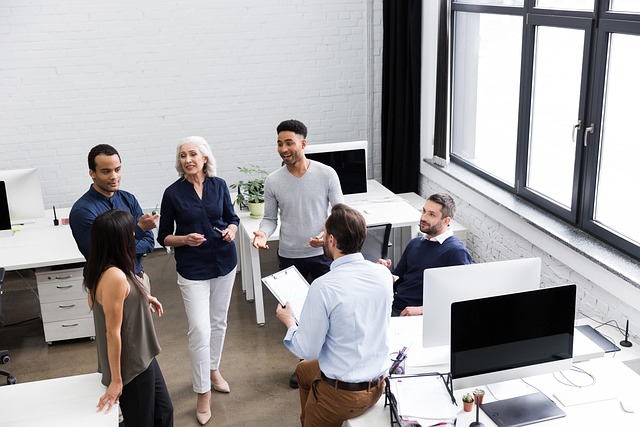 a professional team talking in an office room